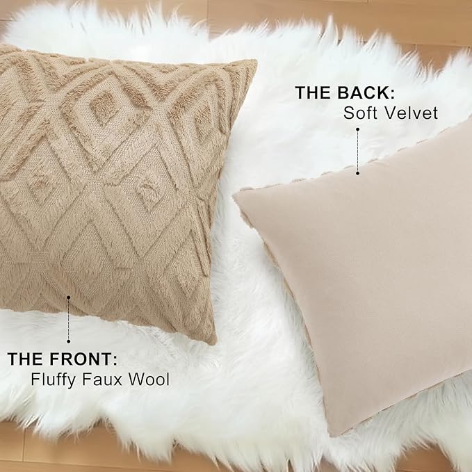 decorUhome Couch Throw Pillow Covers 20x20 Set of 2, Decorative Soft Plush Faux Wool Neutral Accent Pillow Covers for Bed Sofa Living Room, Light Khaki