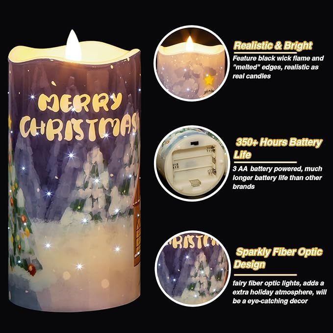 Eywamage Fiber Optic Flameless Candles with Remote, Flickering Battery Operated Christmas LED Pillar Candles Set of 3