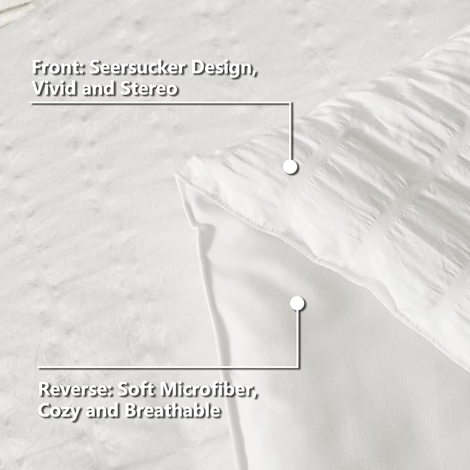CozyLux Queen Comforter Set White Seersucker 7 Pieces Bed in a Bag Queen Comforter Set with Sheets, Luxury Soft Bedding Set with Down Alternative Comforter, Sheets, Pillowcases & Shams for All Seasons