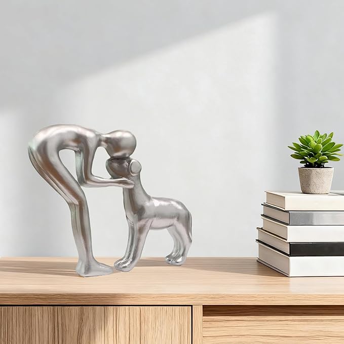 Dog Statues Home Decor Funny Man and Dog Sculpture Decorations for Home Bedroom Living Room Tabletop Bookshelf, Hand-Painted Resin Dogs Memorial Gifts Figurines for Pet Lovers, Silver