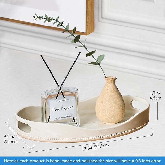 Beige Travertine Marble Serving Tray with Handles - 14x10 inches, Beaded Oval Decorative Tray, Countertop Ottoman Tray for Vanity, Living Room Entryway Table, Perfume Candle Display
