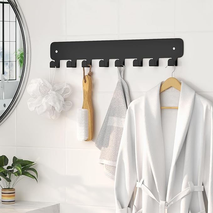 pickpiff 1 Pack Key Holder for Wall Adhesive, Key Hooks with 8 Hooks Wall Mounted, Black Key Hangers for Living Room, Kitchen, Office