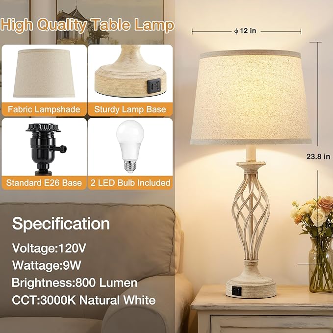 Bedside Table Lamp for Bedroom Set of 2 - Beige Nightstand Lamps with USB C+A Ports,Rustic Distressed Farmhouse Bedroom Lamp - Lamp for Living Room Reading Bed Side End Table Bulbs Included