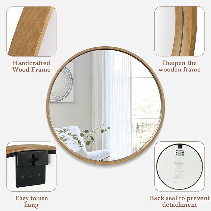 WallBeyond Round Wood Mirror, 32" Round Modern Decoration Large Circle Wall Mirror for Bathroom Living Room Bedroom Entryway, Honey