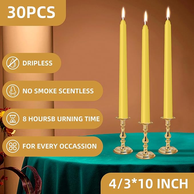 30 Pack Yellow Taper Candles - Taper Candles 10 Inch Dripless, Smokeless & Unscented - 8 Hours Long Burning - Ideal for Weddings, Dinner Parties, and Home Decor
