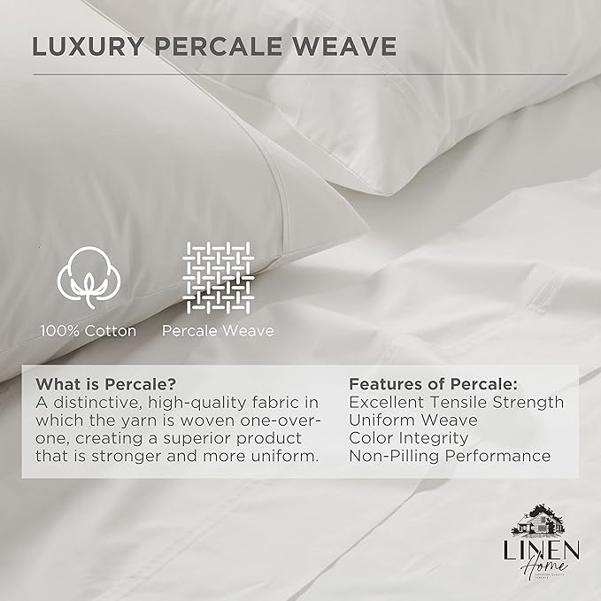Linen Home 100% Cotton Percale Weave Fitted Sheet, Twin Size, White, 1 Deep Pocket Fitted Sheet, Fits Mattress Upto 16" Crisp and Cool Strong Bed Linen, 39"X75"+15"