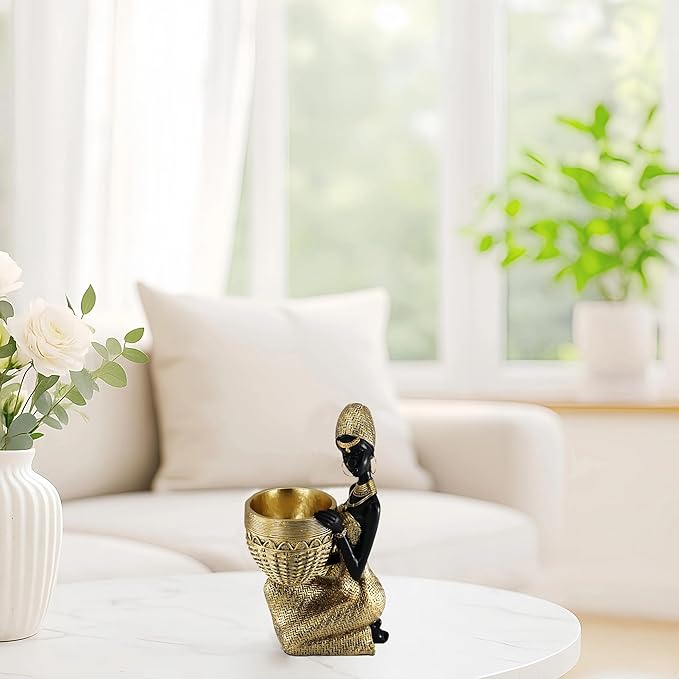 African Resin Woman Statue with Bowl – Golden Kneeling Tribal Figurine for Home Decor, Candy Dish, Jewelry Holder, Boho Shelf Accent
