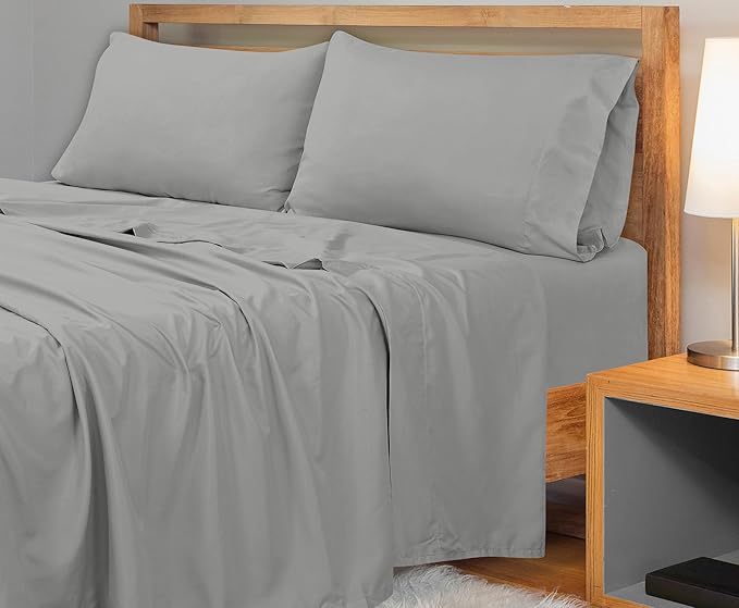 Royale Linens 300 Thread Count 100% Long Staple Combed Cotton Flat Sheet - Super Soft - Top Sheets - Twin Flat Sheet Sold Separately - Breathable, Cool & Crisp Percale Sheets Only (Twin, Silver)
