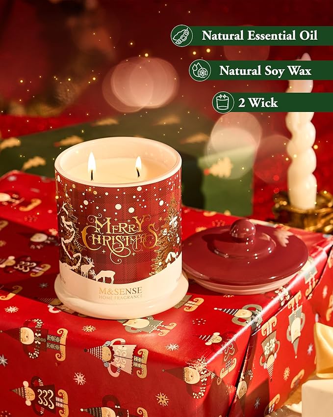 M&SENSE Christmas Candles Baked Apple Pie Scented, Soy Wax 12.7oz 75 Hours Long Lasting Clean Burn, 2 Wick Cinnamon Apple Winter Holiday Candles for Home Decor, Luxury Relaxing Candle Gifts for Women