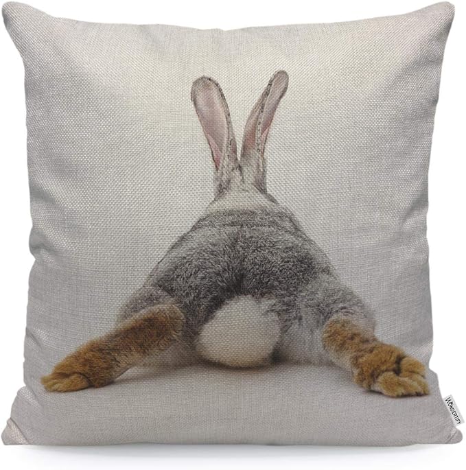 WONDERTIFY Throw Pillow Case Cover Grey Rabbit Isolated on A White Background Bunny Tail Back - Soft Linen Pillow Case for Decorative Bedroom/Livingroom/Sofa/Farm House - Cushion Covers 18x18 Inch