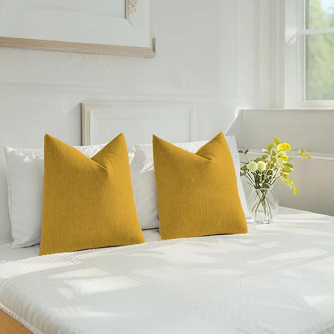 HAUSSY Mustard Yellow Throw Pillow Covers 20x20 Inch Set of 2,Boho Decorative Faux Linen Throw Pillows Cozy Farmhouse Accent Cushion Covers,Home Decor for Couch Sofa Bed Living Room