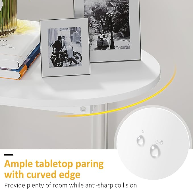 Hosfais Small Side Table End Table, C Shaped Oval Coffee Table, Wooden TV Tray for Living Room, Bedroom, Couch, Small Spaces (White)