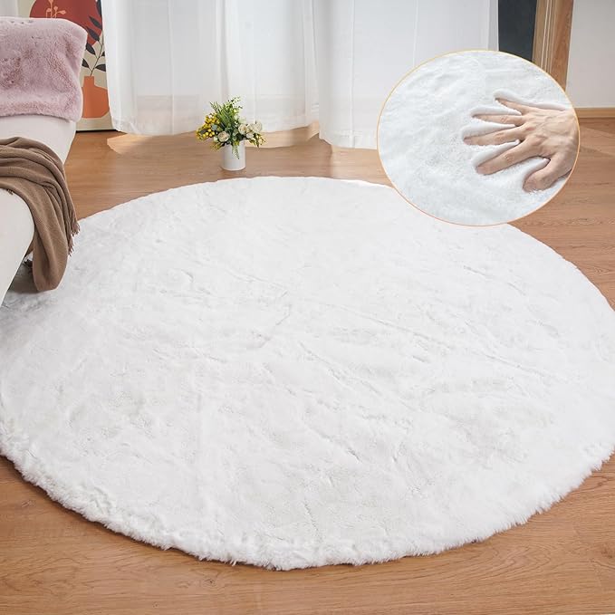 White Shag Round Rugs 8ft for Dining Room Table Faux Bunny Machine Washable Fur Area Rugs for Bedroom Living Room Nursery Circle Rug