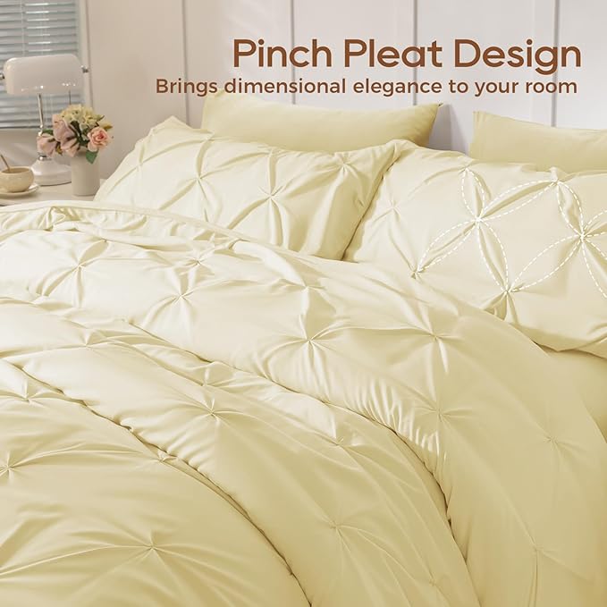 Sasttie King Size Comforter Set, 7-Piece Bed in a Bag, Pintuck Bedding Set for All Season, Includes Comforter, Flat Sheet, Fitted Sheet, Pillowcases and Pillowshams, Pale Yellow
