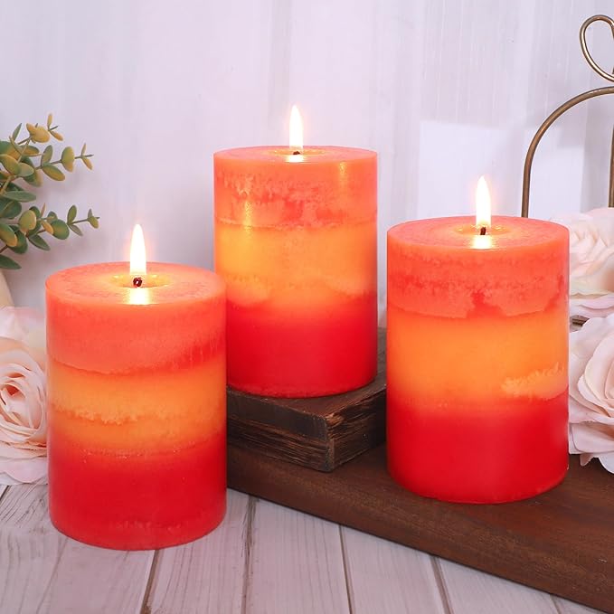 3x4 Inch Pillar Candles 3 Pack Rustic Orange Handmade Layered Clean Burning Pumpkin Spice Scented Candles Fall Harvest Aesthetic Halloween Decorative for Home Dinner Table Decor