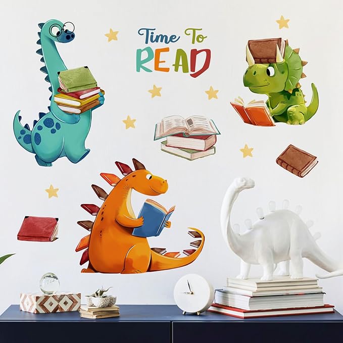 Yovkky Reading Dinosaur Wall Decals Stickers, Time to Read Dino Book Corner Baby Toddler Nursery Classroom Library Decor, Positive Quote Home Decorations Kids Bedroom Study Room Reading Nook Art