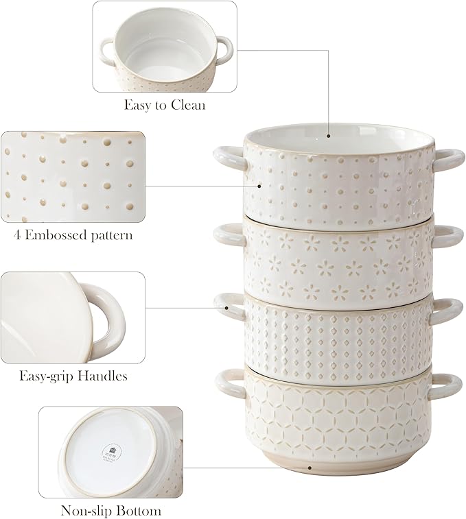 MALACASA 20 oz Ceramic Soup Bowls with Handles, Set of 4 – Oven & Microwave Safe French Onion Soup Bowls, Unique Embossed Patterns, Dishwasher Safe for Soups, Stews & Desserts, Series LYDIA