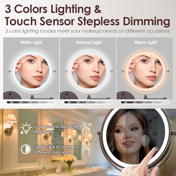 Rocollos Rechargeable Wall Mounted Lighted Makeup Mirror, 8 Inch Double-Sided LED Vanity Mirror 1X/10X Magnification,3 Color Lights Touch Screen Dimmable 360°Swivel 13 Inch Extendable