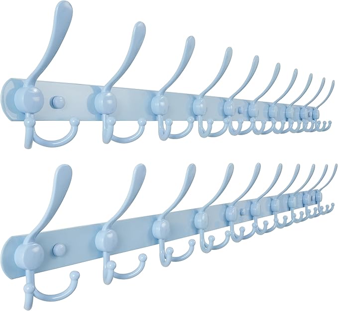 Dseap Coat Rack Wall Mount - 38” Long 10-Tri-Hooks Heavy Duty Coat Hanger Rail Wall Hooks for Hanging Coats Hats Clothing Clothes Purse Mudroom Entryway, Blue, Pack of 2