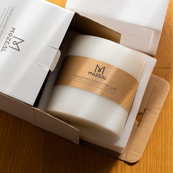 MOZEAL Extra Large 3 Wick White Pillar Candle, 6" x 6", Unscented, Dripless, Smokeless, and Clean-Burning. Approx. 80 Hours of Burn Time. Perfect for Weddings, Dinners, Christmas and Home Decor