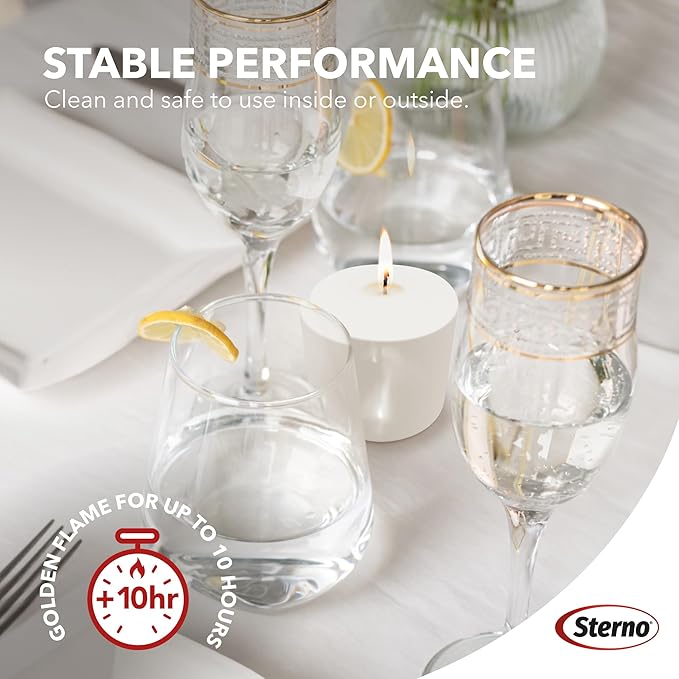 Sterno 72-Pack Votive Candles Bulk Pack - Long Lasting Tea Lights, Burns Up to 10 Hours - Unscented White Votive Candles for Indoors or Outdoors - Use as Party Decor or Centerpiece Table Decorations