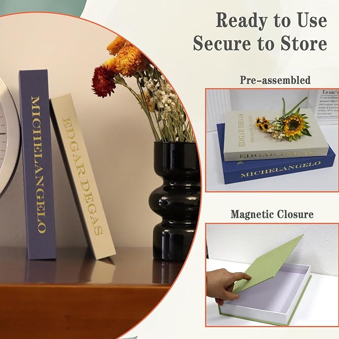 Decorative Fake Books for Coffee Table - Set of 2 Linen Aesthetic Faux Books Decor - Minimalist Keepsake Photo Storage Box for Office Home Living Room Mantle Table Top Decoration (Blue-beige)