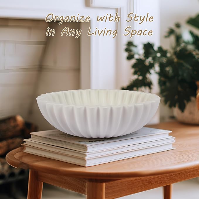 Large Decorative Bowl for Home Decor - Centerpiece for Coffee Table,Dining Table,Kitchen, Entryway Key bowl & Fruit Display - Modern Concrete Stone Design (White)