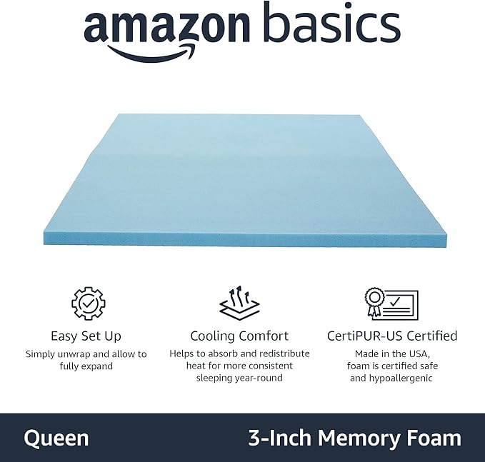 Amazon Basics Cooling Gel-Infused Memory Foam Mattress Topper, CertiPUR-US Certified, 3 inches, Queen, Blue