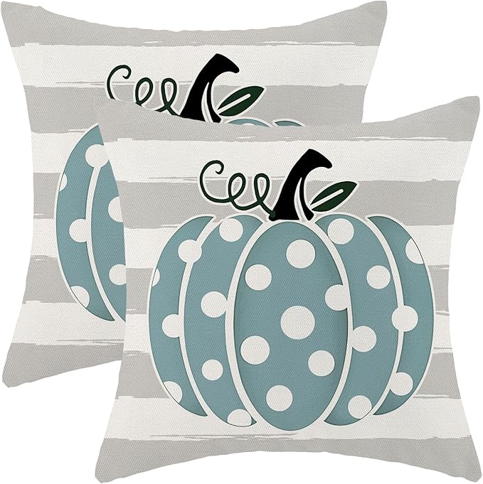 Fall Pillow Covers 20 x 20 Inch, Teal Blue Pumpkin Grey Stripe Decor Throw Pillows for Home Couch Bed, Autumn Thanksgiving Harvest Outdoor Decorative Pillowcase Linen Cushion Cover Set of 2