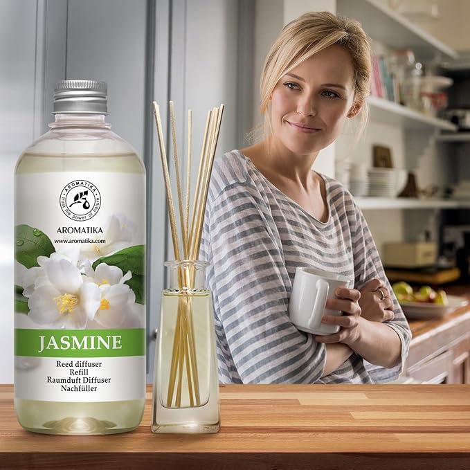 Jasmine Reed Diffuser Refill w/Natural Essential Jasmine Oil 17 Fl Oz - Fresh & Long Lasting Fragrance - Scented Reed Diffuser Oil Refill - Best for Aromatherapy - SPA - Home