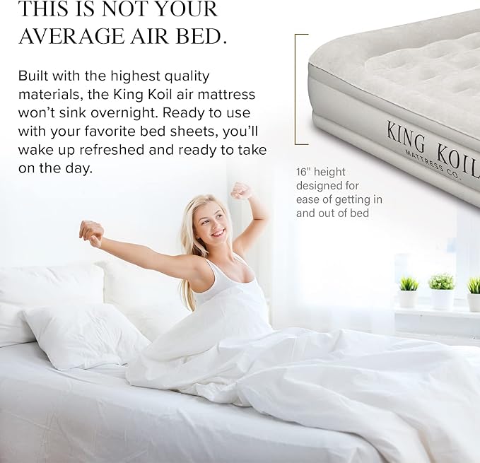 King Koil Luxury Twin Air Mattress with Built-in High Speed Pump for Camping, Home & Guests - 16" Twin Size Double High Airbed Luxury Inflatable Blow Up Mattress Waterproof