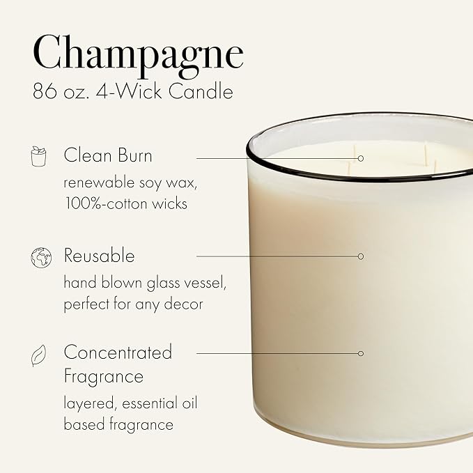 LAFCO New York Luxe 4-Wick Candle, Champagne - 86 oz - 200-Hour Burn Time - Reusable, Hand Blown Glass Vessel - Made in The USA