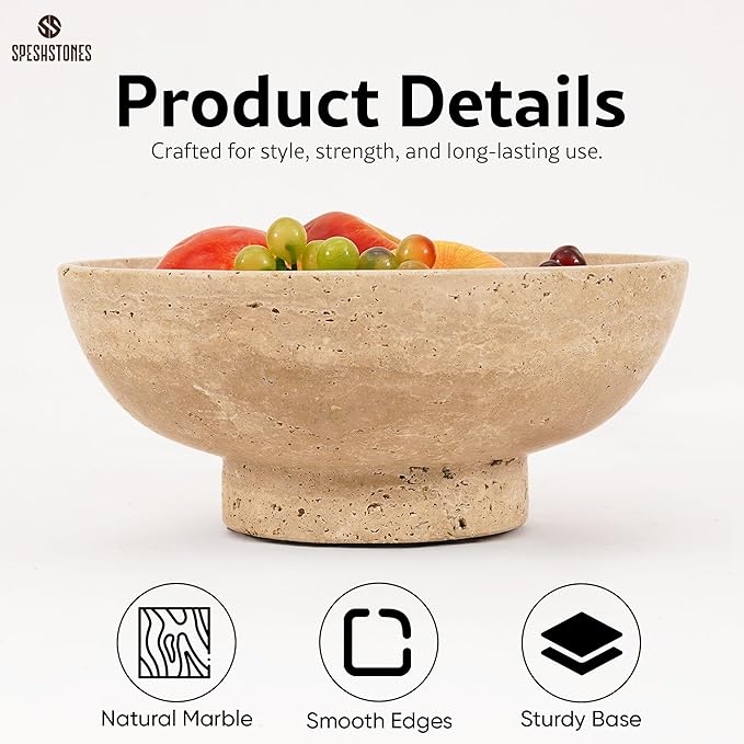 Marble Fruit Bowl 10 Inch Handmade Travertine Large Decorative Bowl for Home and Kitchen Counter - Modern Candy Bowl, Pedestal Bowls for Dining, Coffee Table Centerpiece & Entryway Decor