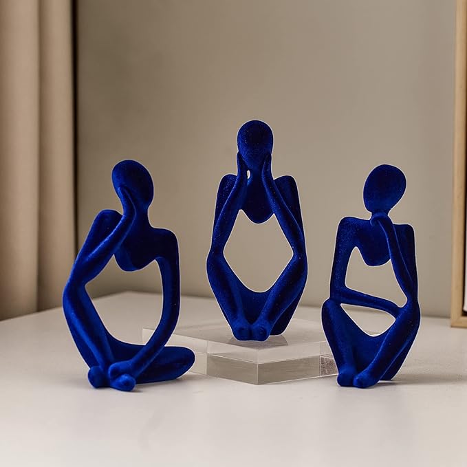 FJS Living Room Decor: Flocked Thinker Statue, 4.7" H Navy Blue Abstract Art Sculpture - Set of 3 for Home, Office, Shelf, Table Decoration