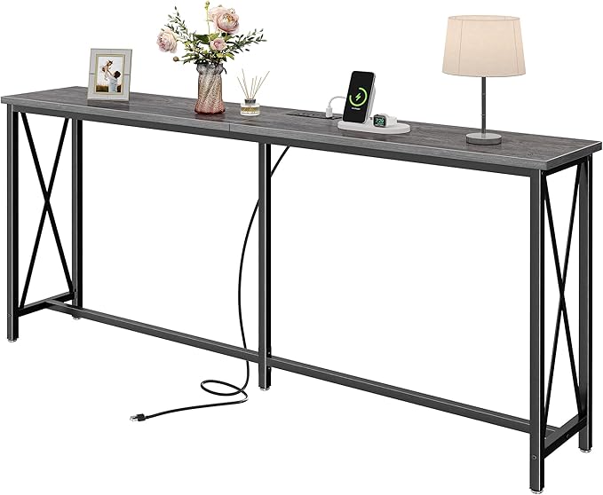 SUPERJARE 70 Inch Console Table with Outlets and USB-C Port, Extra Long Behind Couch Sofa Table with X-Shaped Design, Narrow for Entryway, Living Room, Metal Frame, Wooden Top, Grey