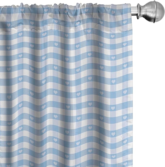 Ambesonne Checkered Curtains, Gingham Motif with Little Hearts Pastel Blue Shower Theme, Window Treatments 2 Panel Set for Living Room Bedroom, Pair of - 28" x 63", Blue