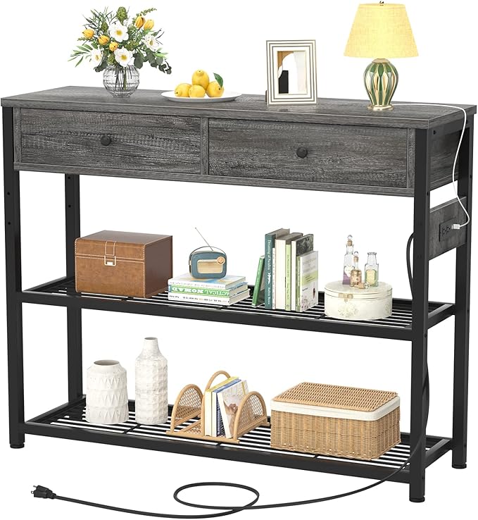 Ecoprsio Entryway Table with Outlets and USB Ports, Small Console Table with 2 Drawers, Sofa Table with Storage Shelves for Living Room, Couch, Hallway, Foyer, Kitchen Counter, 32'', Grey Oak