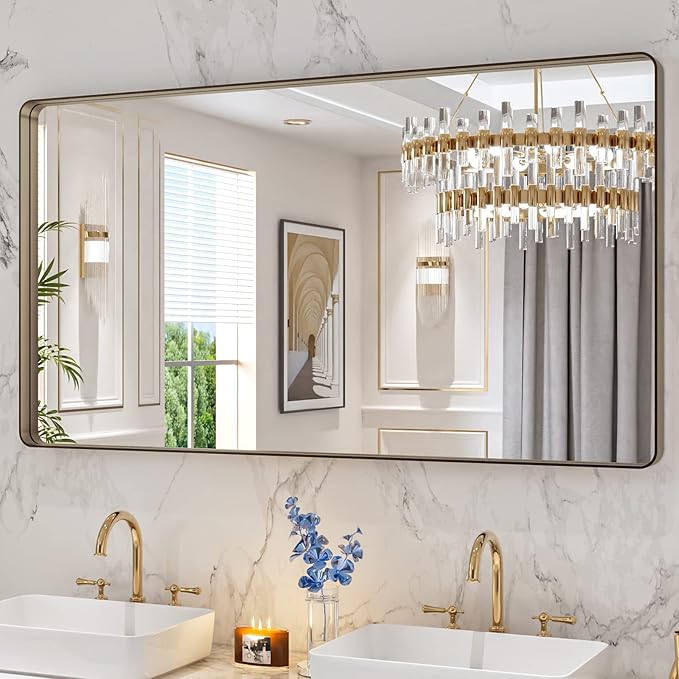 LOAAO 55”X30” Bronze Bathroom Mirrors for Vanity, Rounded Rectangle Brushed Bronze Metal Frame Mirror, Anti-Rust, Tempered Glass, Hangs Horizontally or Vertically
