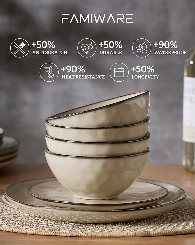 Famiware Dinnerware Sets for 8, Ocean Round 24-Piece Kitchen Plates and Bowls Sets, Microwave and Dishwasher Safe, Scratch Resistant, Light khaki