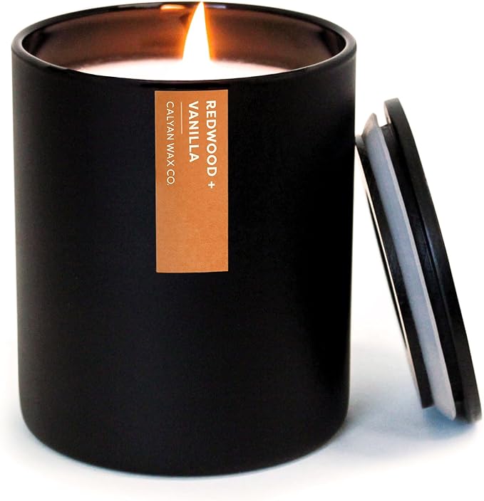 Calyan Wax Co. Soy Wax Candle, Redwood + Vanilla Scented Candle, 75 Hour Burn Time, Aromatherapy Soy Candles, Non Toxic & Vegan Soy Wax, Black Tumbler Scented Candles, 13oz