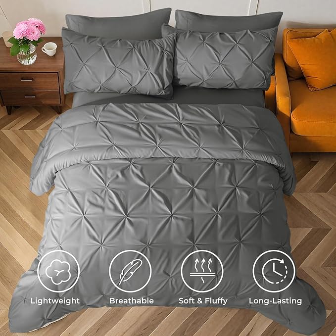 Sasttie King Size Comforter Set, 7-Piece Bed in a Bag, Pintuck Bedding Sets for All Season, Includes Comforter, Flat Sheet, Fitted Sheet, Pillowcases and Pillowshams, Dark Grey
