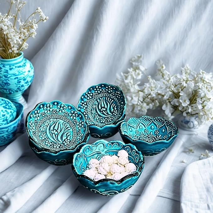 Handmade Decorative Turkish Ceramic Bowl Set of 6, Green Pinch Bowls for Dipping & Serving - Small Versatile and Unique Charcuterie Accessories, Mini Sauce Dish, Floral Pattern Snack Bowls