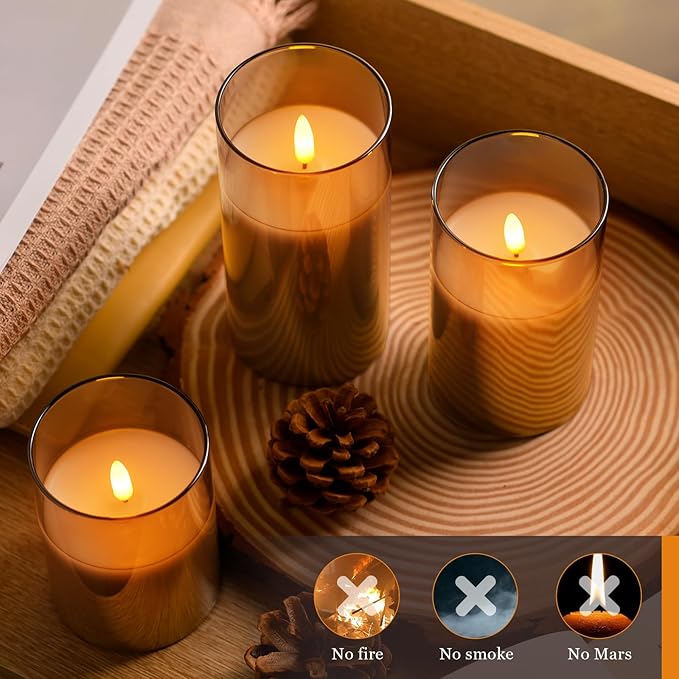 Tyawon Glass Battery Operated LED Flameless Candles with Remote and Timer, Real Wax Candles Warm Color Flickering Light for Festival Wedding Home Party Decor(Pack of 3)-Grey