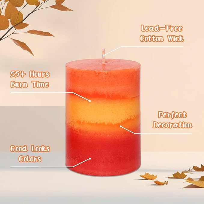 3x4 Inch Pillar Candles 3 Pack Rustic Orange Handmade Layered Clean Burning Pumpkin Spice Scented Candles Fall Harvest Aesthetic Halloween Decorative for Home Dinner Table Decor