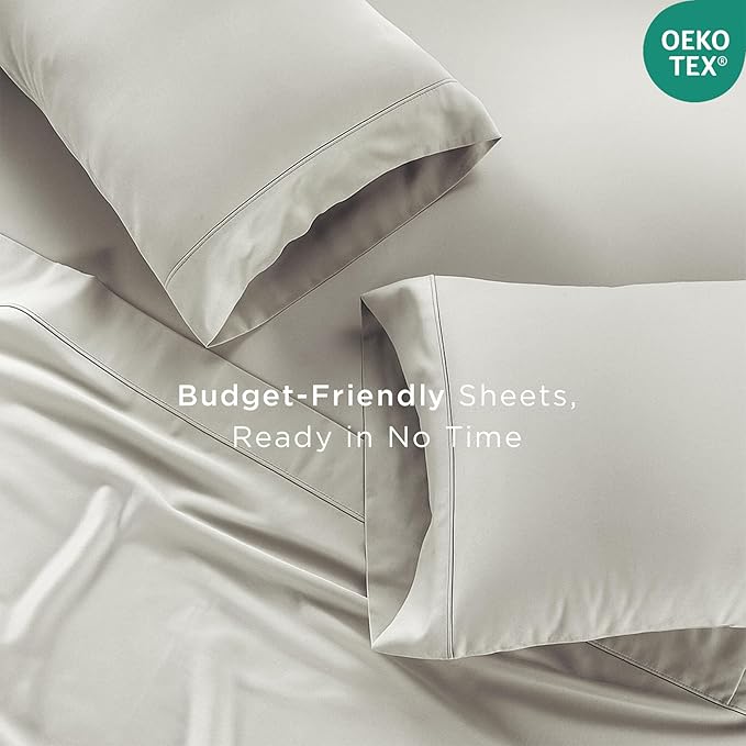 Threadmill 100% Cotton Sheets for King Size Bed | 4 Pc King Bed Sheets Set | Soft, Breathable Lightweight Solid Sateen for All-Season Use | Snug Fit Elastic Deep Pocket King Sheets | Light Grey