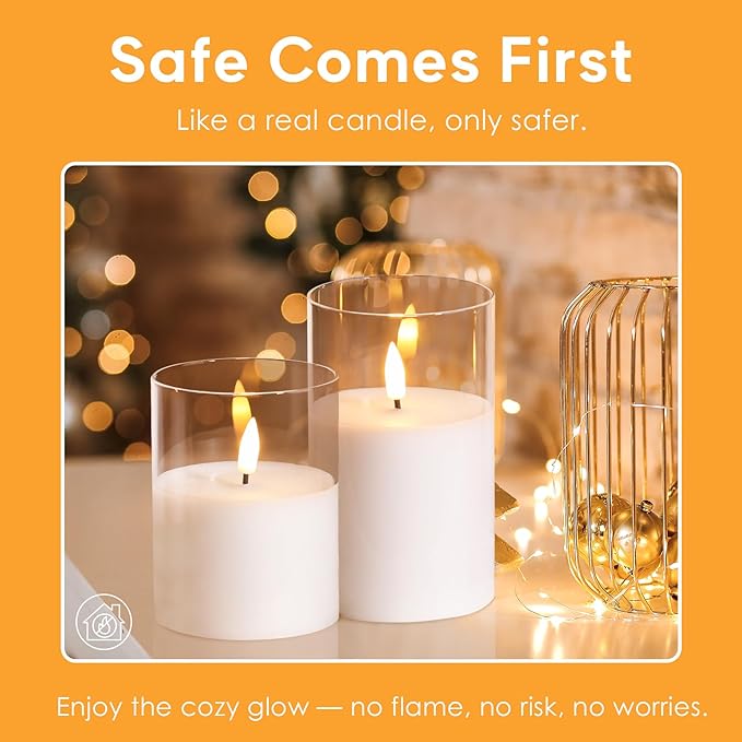Eywamage Clear Glass Flameless Candles with Remote Timer, Flickering Battery LED Pillar Candles Set of 3