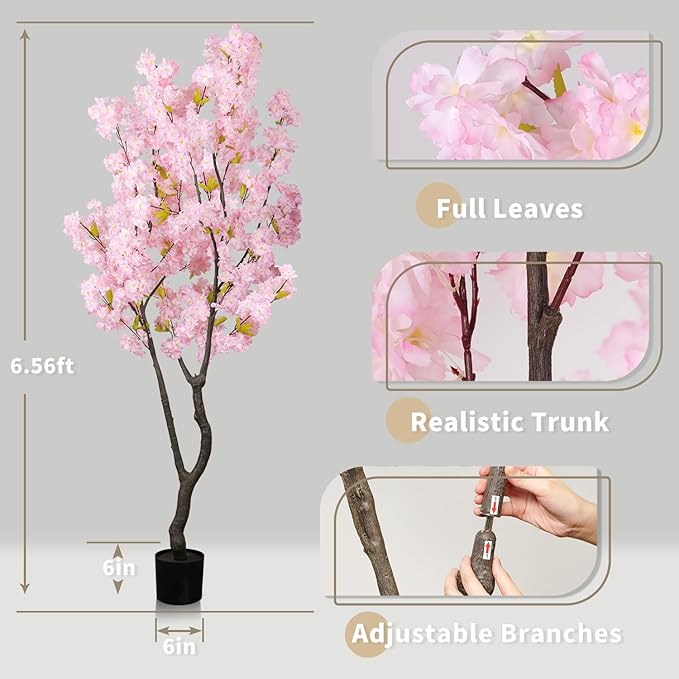 Artificial Pink Cherry Blossom Tree 6.5ft(78in) Faux Japanese Sakura Indoor Decor Handmade Natural Fake Cherry Flowers Tree for Home Realistic Pink Plant in Pot for Living Room,Office,Outdoor Decor
