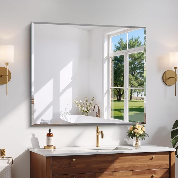 Beveled Bathroom Mirror, 36x40 Inch Large Bathroom Mirrors for Over Sink, Upgraded Shatterproof Beveled Frameless Vanity Mirror for Bathroom,Bedroom,Living Room and Entryway