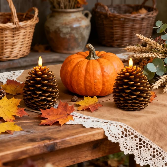 Christmas Decorations Indoor, Christmas Decor - Pinecone Candles Battery Operated, Flickering Flameless LED Pine Cone Candles, 6H Timer, Fall Thanksgiving Xmas Home Table Room Holiday Decor, Set of 2