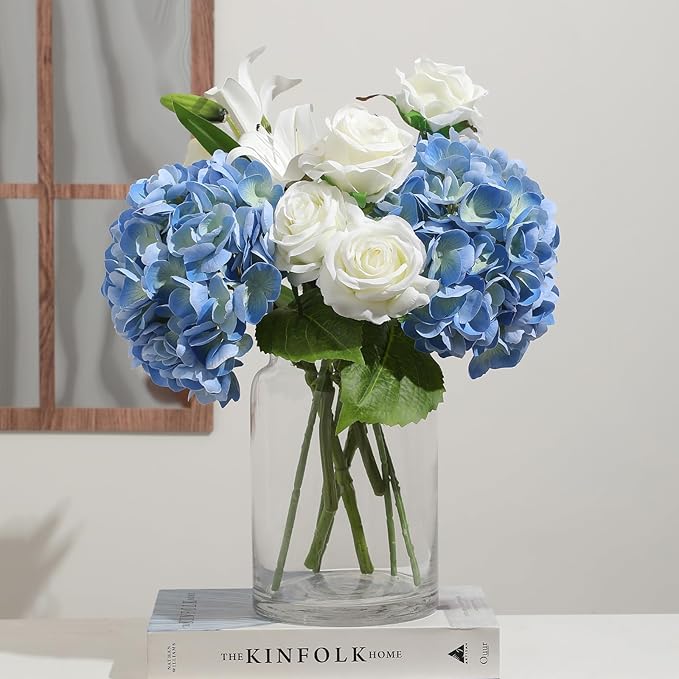 Nubry 22.44In Blue Hydrangea Artificial Flowers, 2Pcs Latex Faux Real Touch Large Hydrangea Flowers with Long Stems & Leaves for Home Office Decor Wedding Party Arrangements(Blue)